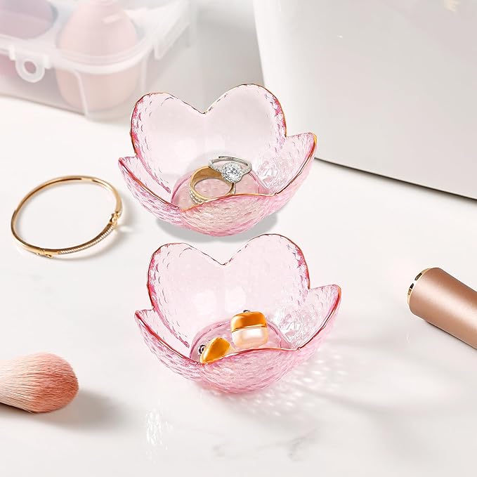 Gifts for Women Trinket Dish Flower Jewelry Dish Pink Glass Ring Holder Jewellery Tray Cute Room Decor Aesthetic Bedroom Accessories Unique Birthday New Home Christmas Gifts for Women Friends (2 pcs)