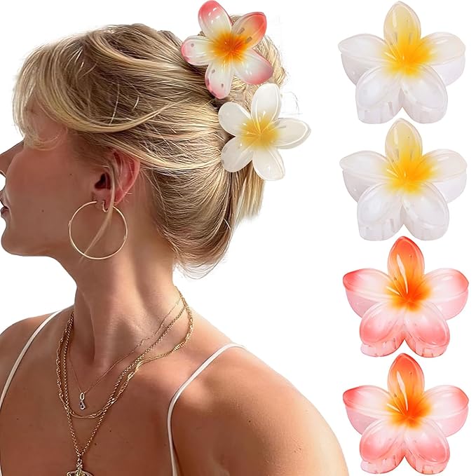 Hawaiian Flower Claw Hair Accessories for Women - 4PCS Large Nonslip Clips for Thick and Thin Hair, Strong Hold, Cute Banana Clips