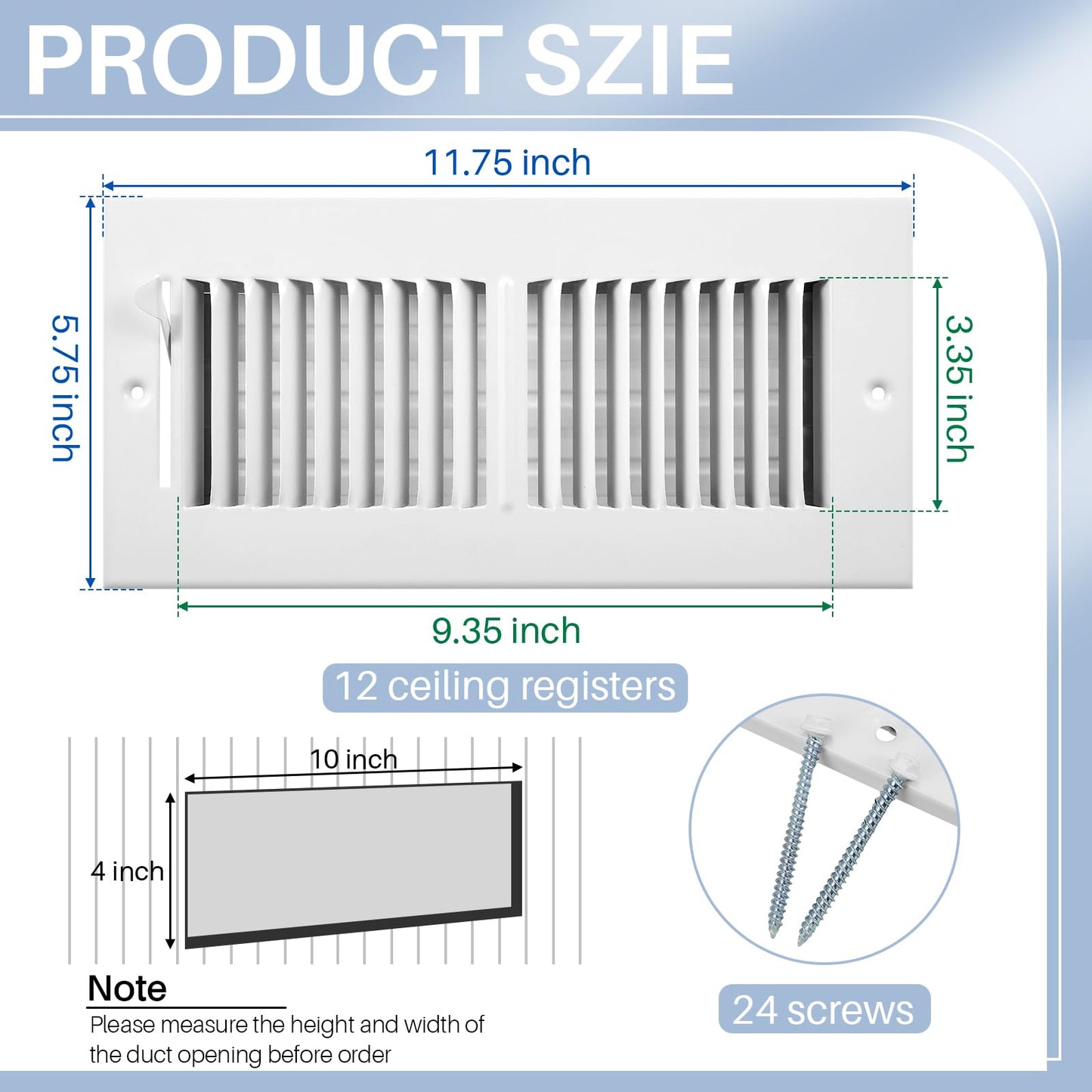 Zonon 12 Pcs 10 x 4 Inch (Interior Size) air Vent Cover Ceiling Register Grill Duct Opening Air Supply Diffuser 2 Way Steel Sidewall Ceiling Vent Covers Inlet Manual Adjuster for Home, White