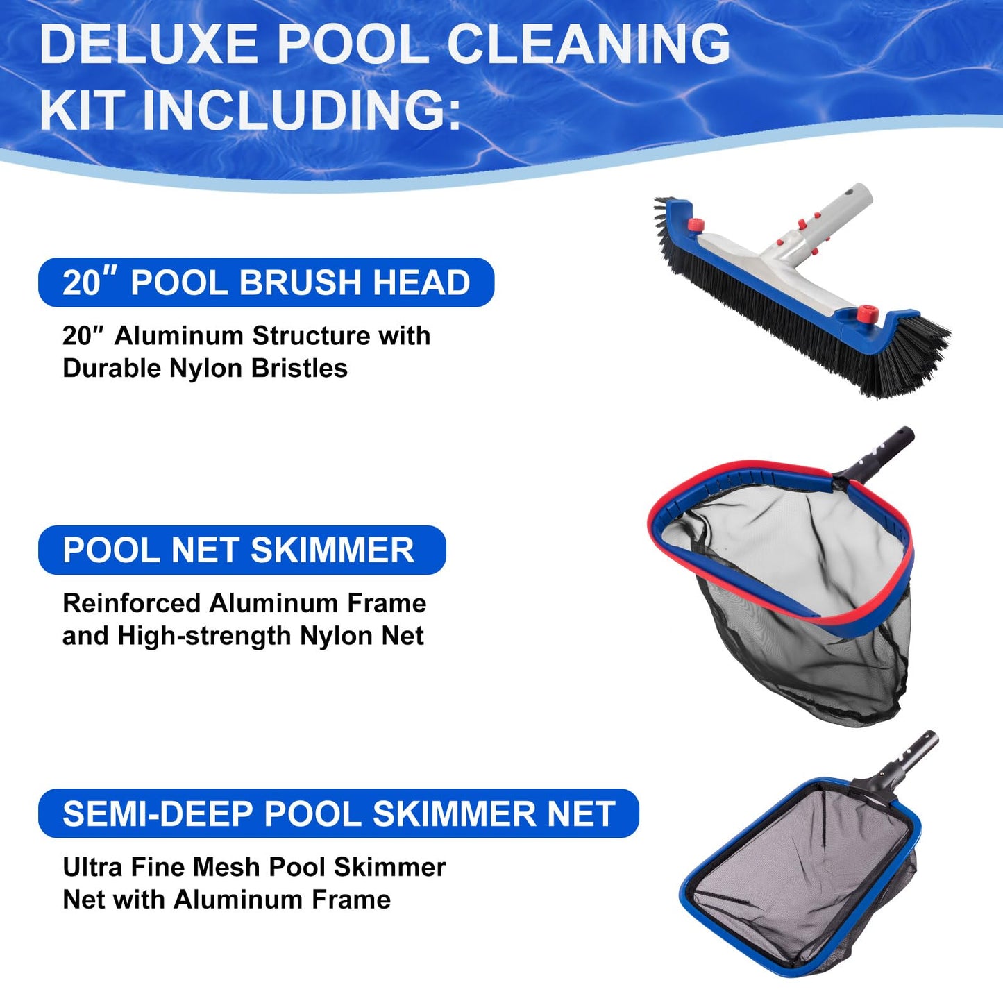 POOLAZA Deluxe Swimming Pool Cleaning Kit Including 20'' Pool Brush Head & Heavy Duty Pool Nets for Cleaning (17.5''Pool Net Skimmer & Semi-deep Ultra Fine Mesh Pool Skimmer Net with Aluminum Frame)