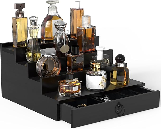 upcessory Cologne Organizer for Men, 4 Tier Black Wood Perfume Organizer with Felt Lining Drawer and Hidden Compartment, Perfume Display Holder, A Gift for Men