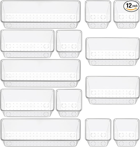 12 Piece Clear Drawer Organizer Set, 3 Sizes Bathroom Vanity Organizer Trays and Storage Bins for Makeup, Cosmetics, Jewelry, and Gadgets. Perfect for Office, Kitchen, Bedroom, Bathroom Use.