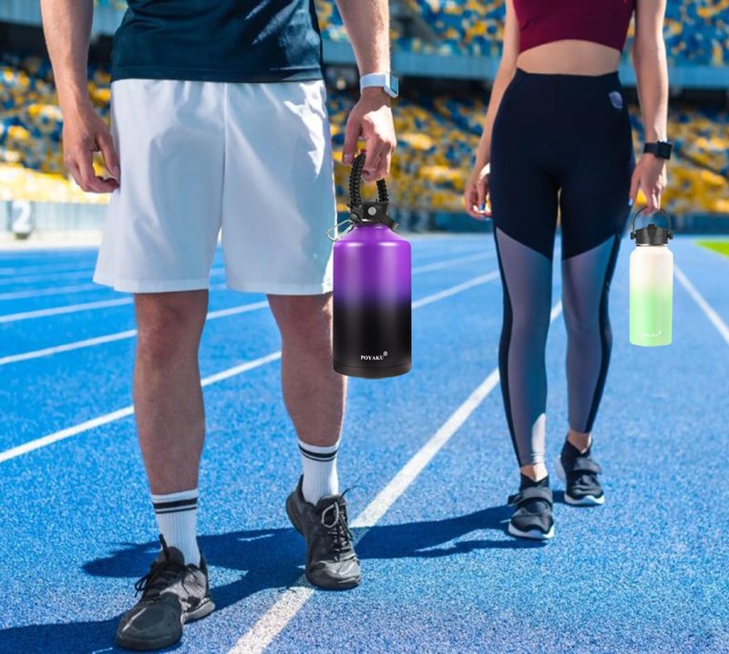 Water Bottle Insulated 32oz 40oz 64oz 128oz Straw Lid Spout Lid & 3 Lids, Leak Proof, Vacuum Insulated,Stainless Steel Water Bottle Wide Mouth for Sports, Gym or Office (Purple Black, 128 oz)