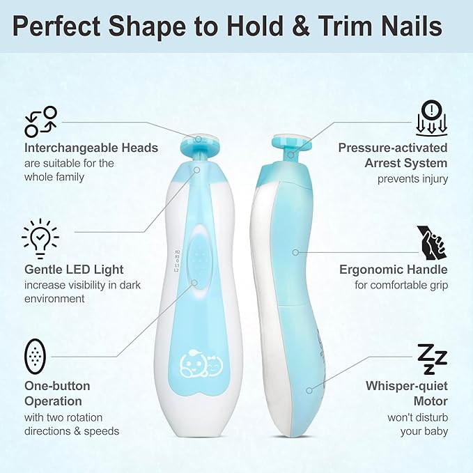Royal Angels Upgraded 21 in 1 Baby Nail Trimmer with Labeled Case, 13 Extra Replacement Pads, Safe Electric Baby Nail File Kit for Newborns & Toddlers, Whisper Quiet Nail Clipper with LED Light (Blue)