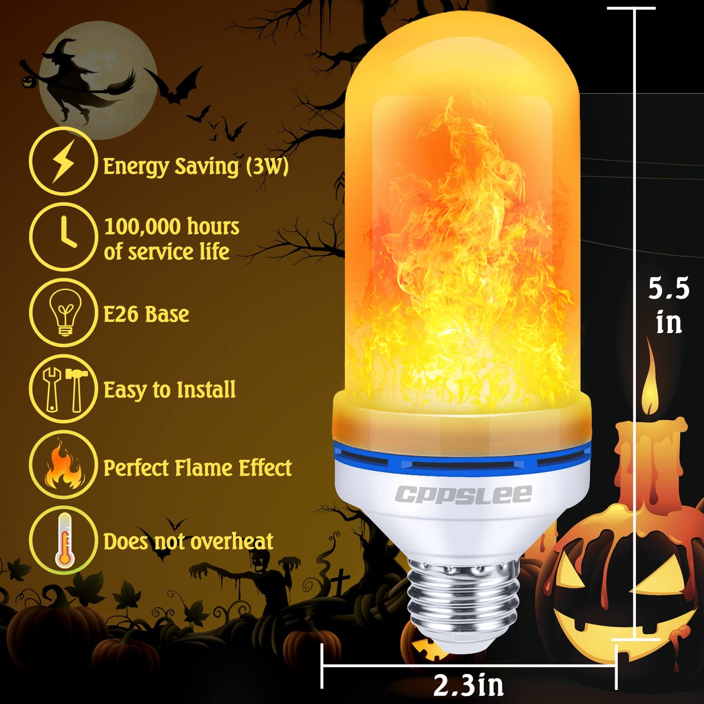 CPPSLEE Upgraded LED Flame Light Bulbs, 4 Modes Flickering Light Bulbs, E26 Base Fire Flame Bulb for Halloween Decorations Outdoor, Christmas Lights Patio Indoor Home Decor (Yellow, 4 Pack)