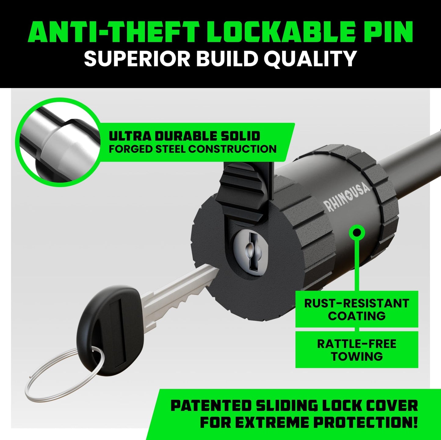 Rhino USA 2” Trailer Hitch Pin – Patented Locking Receiver Pin for Class III/IV Hitches – Weatherproof, Anti-Theft, Debris-Protected – Tow Truck Ready – Black 1PK