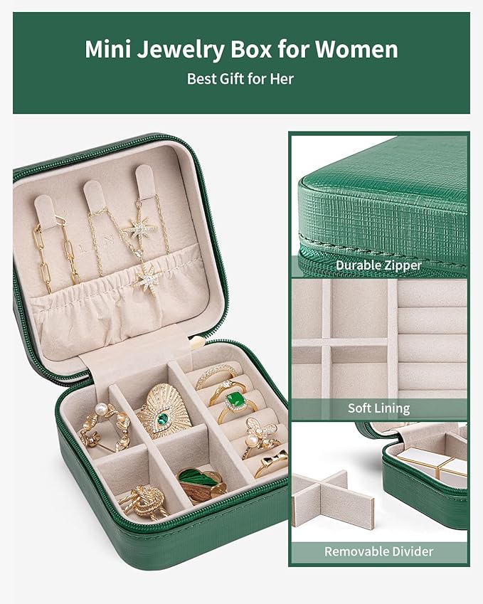 VLANDO Small Travel Jewelry Box Organizer - Girls Women Gift Rings Earrings Necklaces Jewelry Storage Display Case Dark Green