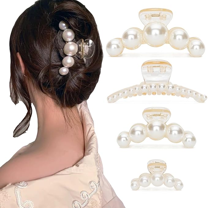 Hair Clips for Women, Large Pearl Hair Claw Clip Set Strong Hold No Slip, Banana Jaw Clip Barrettes, Hair Accessories Birthday Wedding MothdayÃ¢ÂÂs Day Gift for Girl Wife Styling Thick Thin (4 PCS)