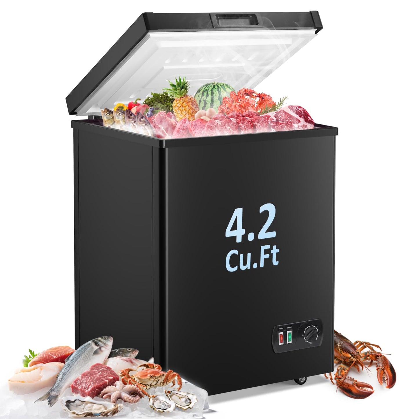 Chest Freezer - 4.2 Cubic Feet Deep Freezer Small Freezer with Fast Cold 7 Adjustable Temperature Convenient Pulley, Compact Freezer with Low Noise Energy Saving, Black