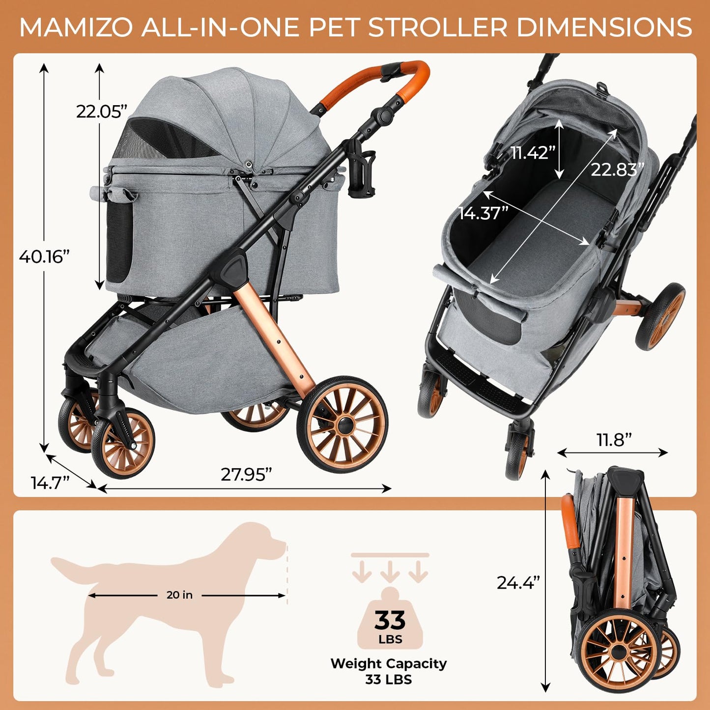 MAMIZO Foldable Dog Stroller for Medium Dogs Cats Up to 33 Lbs, Adjustable Height Handle, Pet Stroller with Aluminum and Carbon Steel Frame, Sun Shades, Storage Basket & Shock Absorbers, All-Terrain