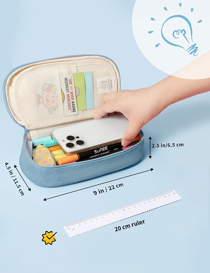 SUNEE Cute Pencil Case, Large Pencil Pouch, Aesthetic Big Pencil Bag with Zipper, Kawaii Stationery Storage and Organizer, School Supplies for Teen and Adult, Boys&Girls, Soft Corduroy Grey Blue