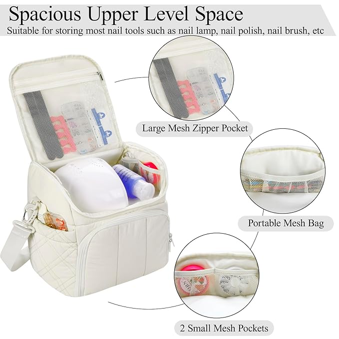 Nail Polish Organizer with 2 Detachable Cases Hold 60 Bottles & Nail Lamp, Portable Nail Organizers and Storage with Handle & Shoulder Strap, Travel Nail Bag for Manicure Tools