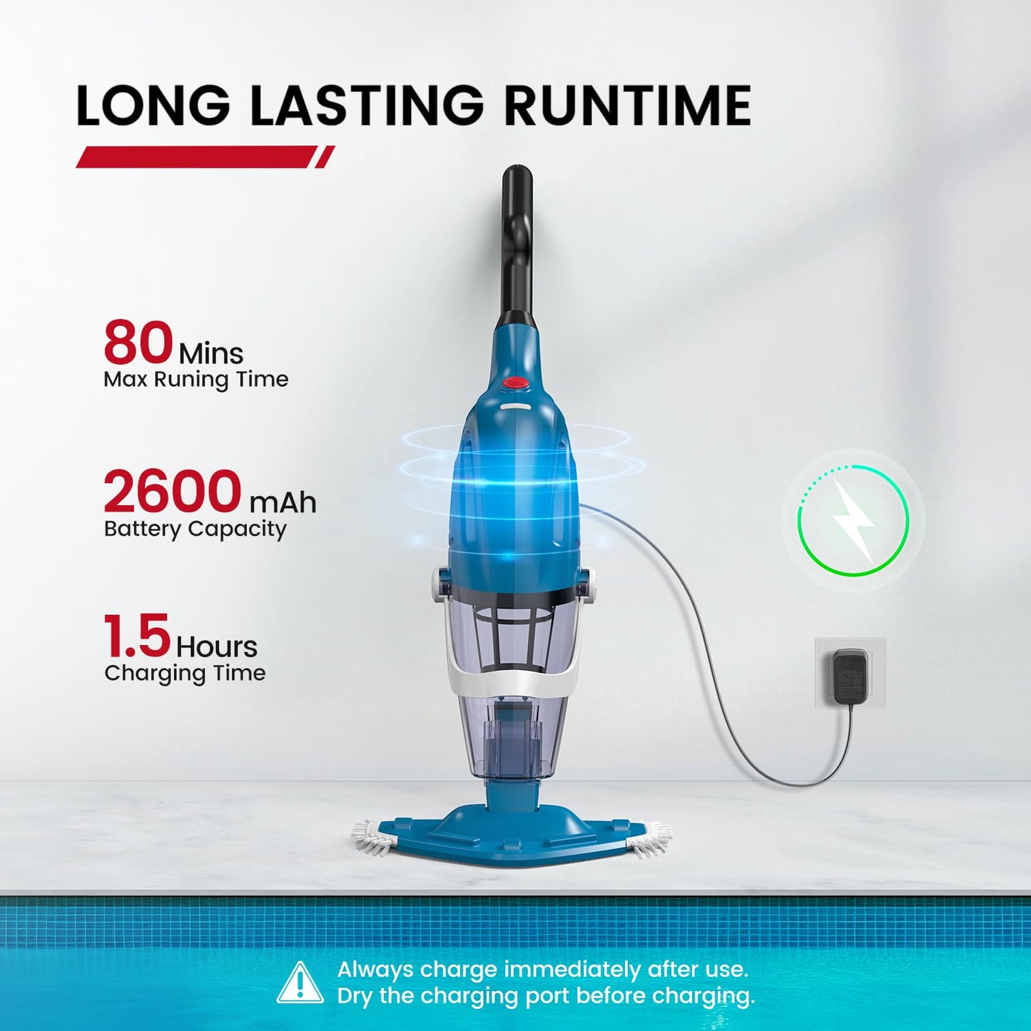 Enhulk Pool Vacuum for Above Ground Pool, 2026 Upgraded Pool Vacuum with A Telescopic Pole, 18.5 Gal/Min Powerful Suction, 80Mins Runtime, Effortlessly Cleans Debris Underwater (Blue)