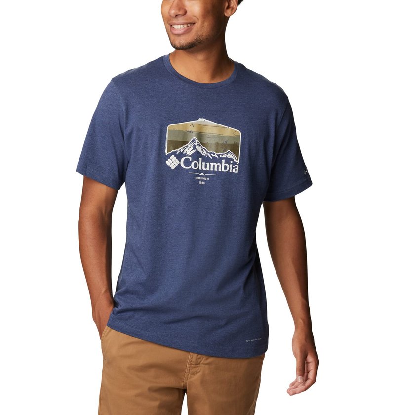 Columbia Men's Thistletown Hills Graphic Short Sleeve, Dark Mountain Heather/Hikers Graphic, X-Large