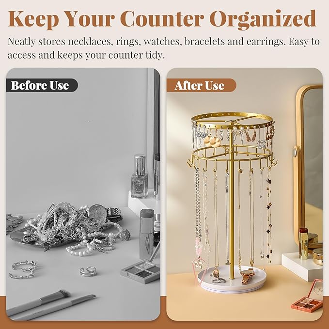 LANDNEOO Necklace Holder Jewelry Organizer, 360ÃÂ° Rotating 3-Tier Jewelry Stand Display, 14.3" Holds 80 Pcs, Earring Holder, Bracelet Ring Holder, Jewelry Organizer and Storage For Women Vanity Dresser
