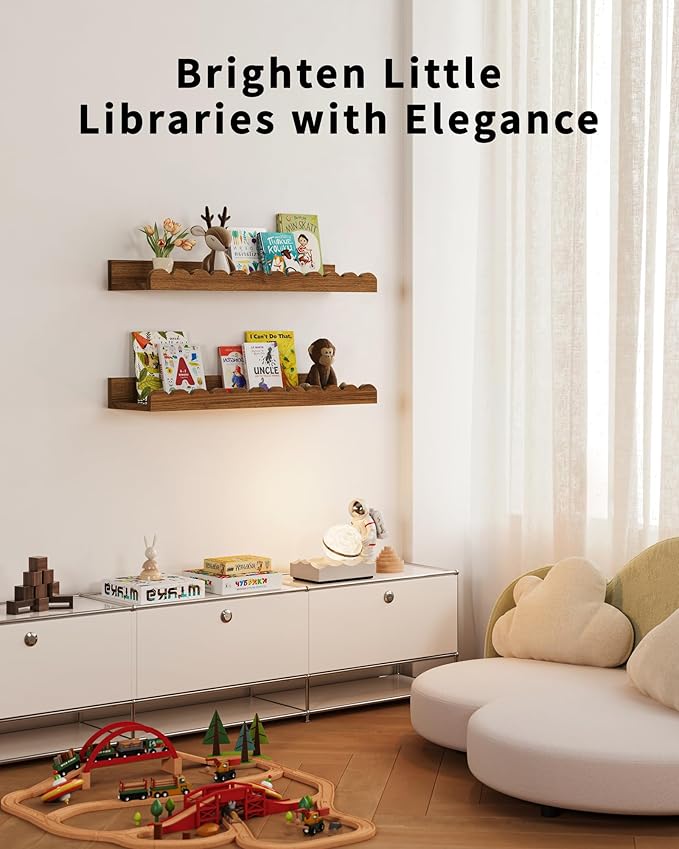 Shario Nursery Book Shelves, 4-Pack Walnut Brown,Floating Shelves for Wall Kids, Scalloped Shelves, Wall Book Shelves for Bedroom Kids, Toddler Room, Baby Room, Nursery Decor