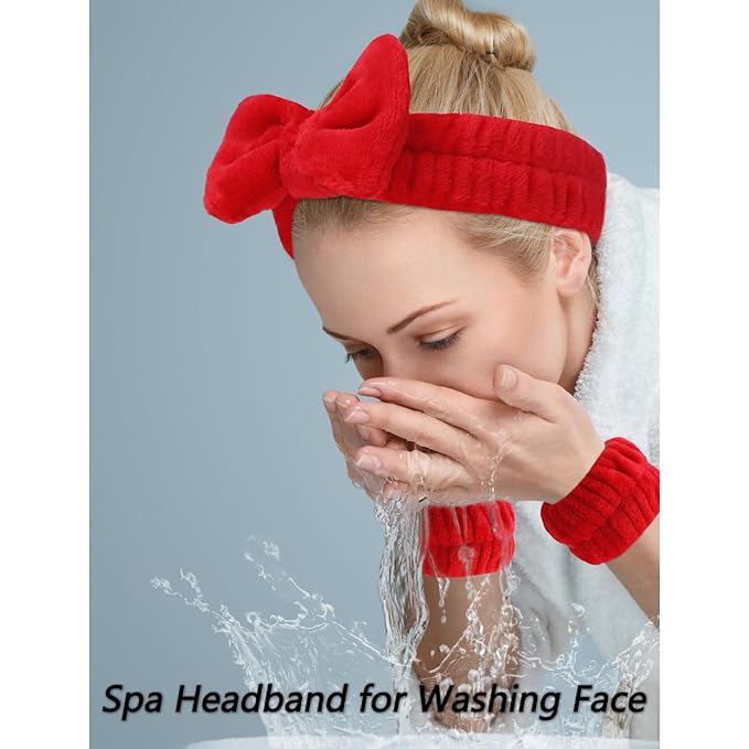 VELSCRUN Spa Headband, Makeup Face Wash Skincare Headbands, Bow Hair Band Party Favors for Washing Face, Stocking Stuffers For Women Teen Girls Christmas Gifts Hair Accessories Red Green