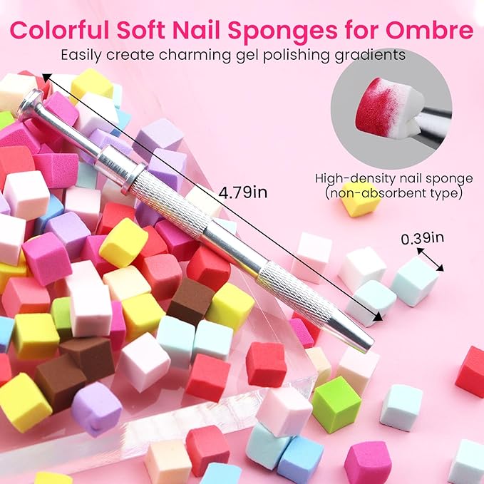 150 PCS Nail Sponges For Ombre Nail Art Supplies Brushes Design Tools Nail Tech Must Haves Accessories With 1 PCS Grab Pen for Salon And Home (Colorful, Medium Pack)