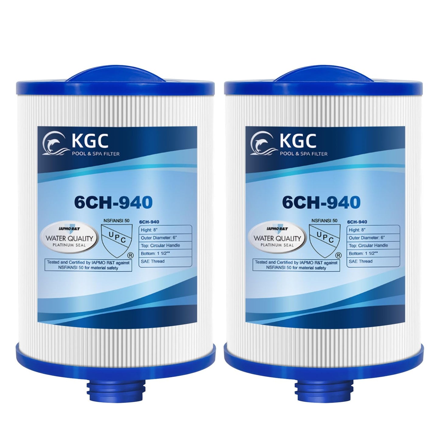 KGC 6CH-940 Spa Filter 2 Pack - Compatible with Pleatco PWW50P3 (1 1/2" SAE Coarse Thread), Unicel 6CH-940, Filbur FC-0359, Waterway 817-0050, 03FIL1400, 25252-for Viking Spa Front Access Skimmer.