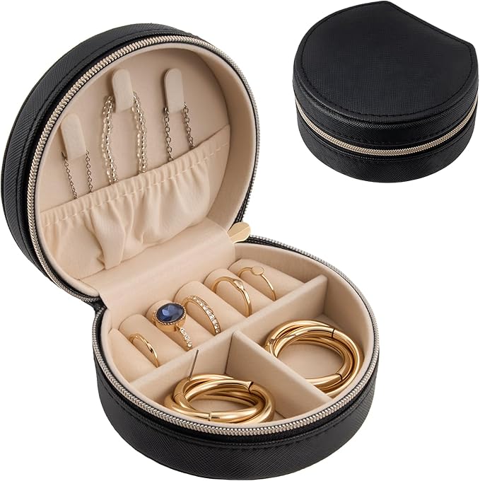 ProCase Travel Size Jewelry Box, Mini Portable Seashell-Shaped Jewelry Case, 2 Layer Organizer in PU Leather for Women -Black