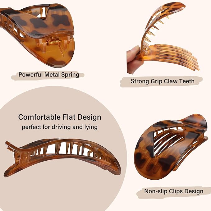 5 PCS Flat Hair Clips, No Crease Flat Claw Clips for Women, Large Strong Hold Barrettes for Thick Thin Hair, French Duckbill Styling Accessories(Tortoise)