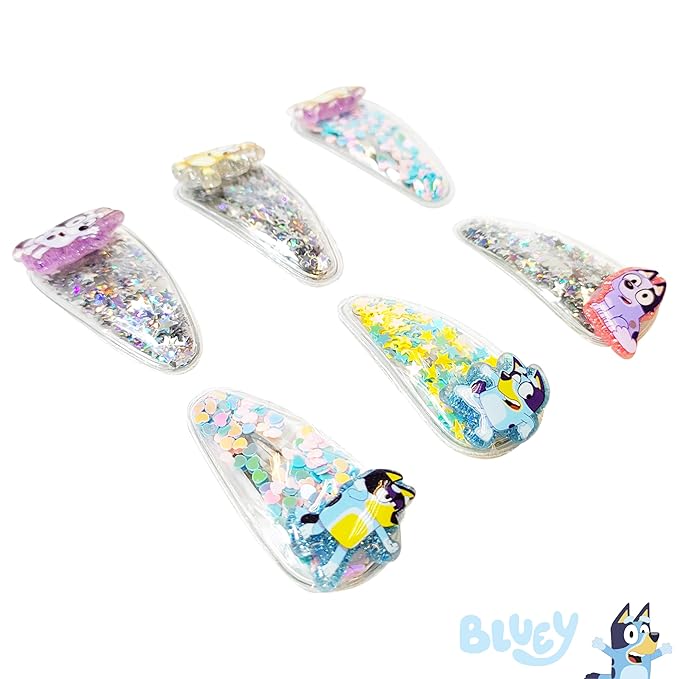 LUV HER Bluey Hair Accessories For Girls, 6pc Cute Hair Clips with Favorite Bluey Character Charms, Magical Confetti Hair Clips, Ages 3+