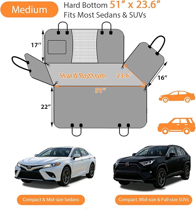 URPOWER Dogs Back Seat Extender with Non-Slip Blanket, 2 in 1 Hard Bottom Dog Car Seat Cover & Removable Dog Car Bed Mat, Waterproof Dogs Hammock for Car and SUV, Pet Rear Seat Protector Holds 400lbs