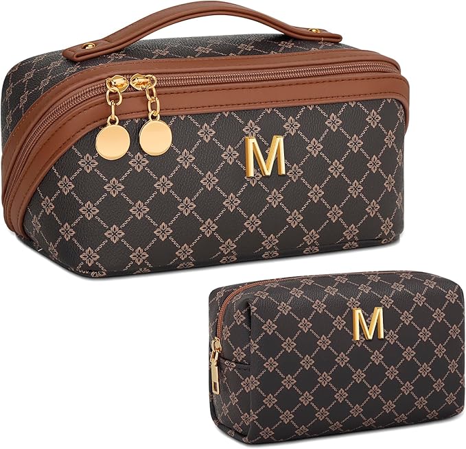 Birthday Gifts for Women Teen Girl, Personalized Initial Makeup Organizer Bag Set, Open Flat Travel Cosmetic Bag With Clear Divider and Handle(Coffee,M)