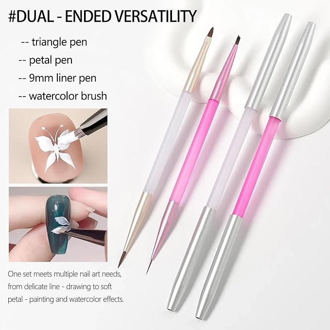 2Pcs Nail Art Brushes Set for Flower Petal Butterfly Drawing, 3D Gel Acrylic Nail Brush, Fine Liner Nails Design Tool, Professional Watercolor Painting Pen for Manicure DIY Salon