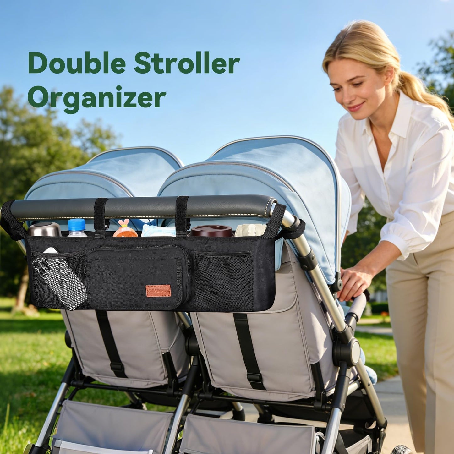 Guiseapue Double Stroller Organizer with 2 Insulated Cup Holders: Parent Console Double Jogging Stroller Accessories Fits for Baby Jogger City Mini GT2 and Jeep Double Stroller