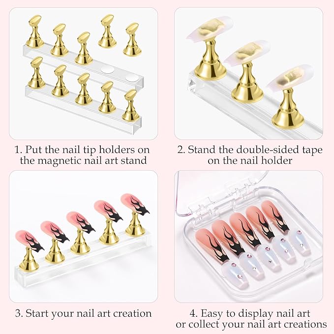 Etercycle Nail Stand Acrylic Nail Art Display Stand Practice Nail Holder for Painting Nails Magnetic Practice Stands with Double-sided Tape For DIY Salon Supplies (Gold)