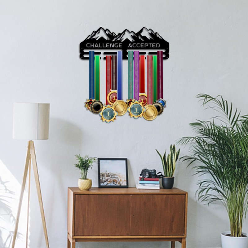 PH PandaHall Mountain Medal Hangers Wall Mounted Challenge Accepted Medal Rack Display Metal Triathlon Running Sport Challenge Awards Hanging Holder for Over 50 Competition Medal Necklace Jewelry