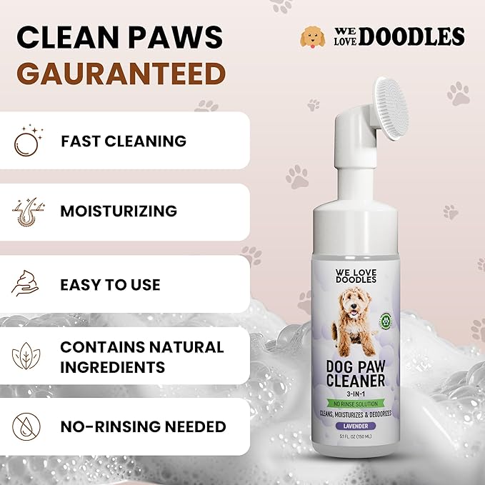 No-Rinse Dog Paw Cleaner with Built-in Silicone Bristle Brush | 3-in-1 Dirty Paw Washer Foaming Foot Cleaner for Muddy Pet Dogs & Cats | Gentle Moisturizing Waterless Shampoo - Lavender | 5 fl oz