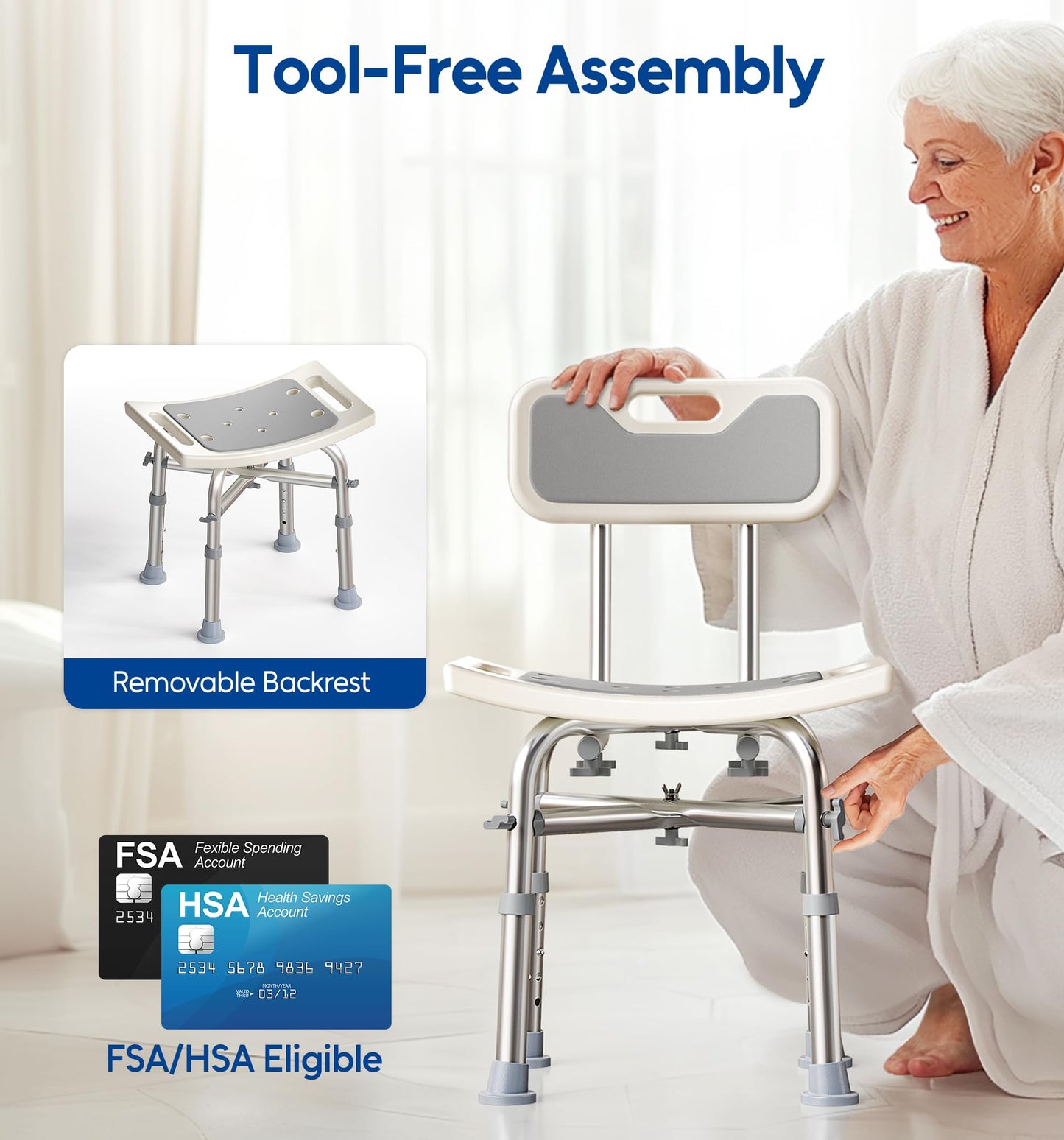 Bluelog Shower Chair with Back for Elderly and Disabled, Shower Seat Bench Stool, Adjustable Height, 350 lbs Capacity, Rectangular