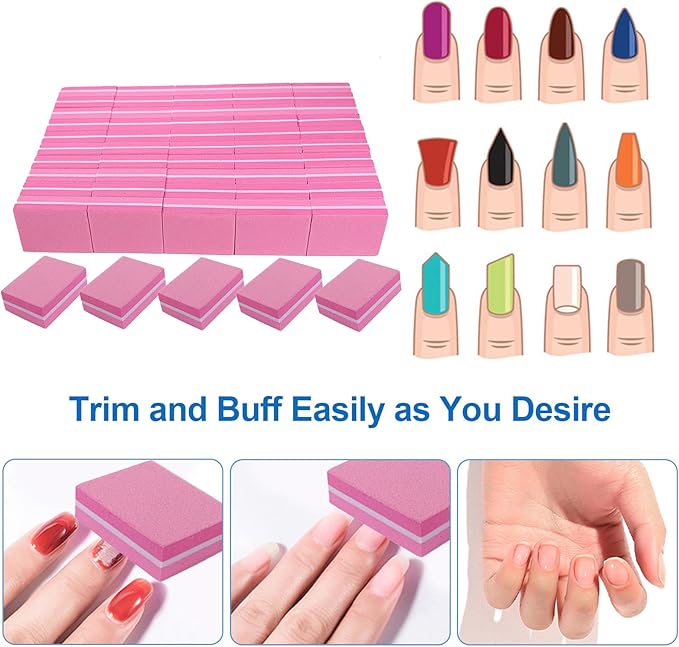 Nail Buffers (50 Pack), Mini Buffer Block Nail File for Acrylic Nails and Natural Nails, 100/180 Grit Nail Buffer Block Bulk Buffing Blocks for Nail Buff Professional Manicure File Blocks Set Pink