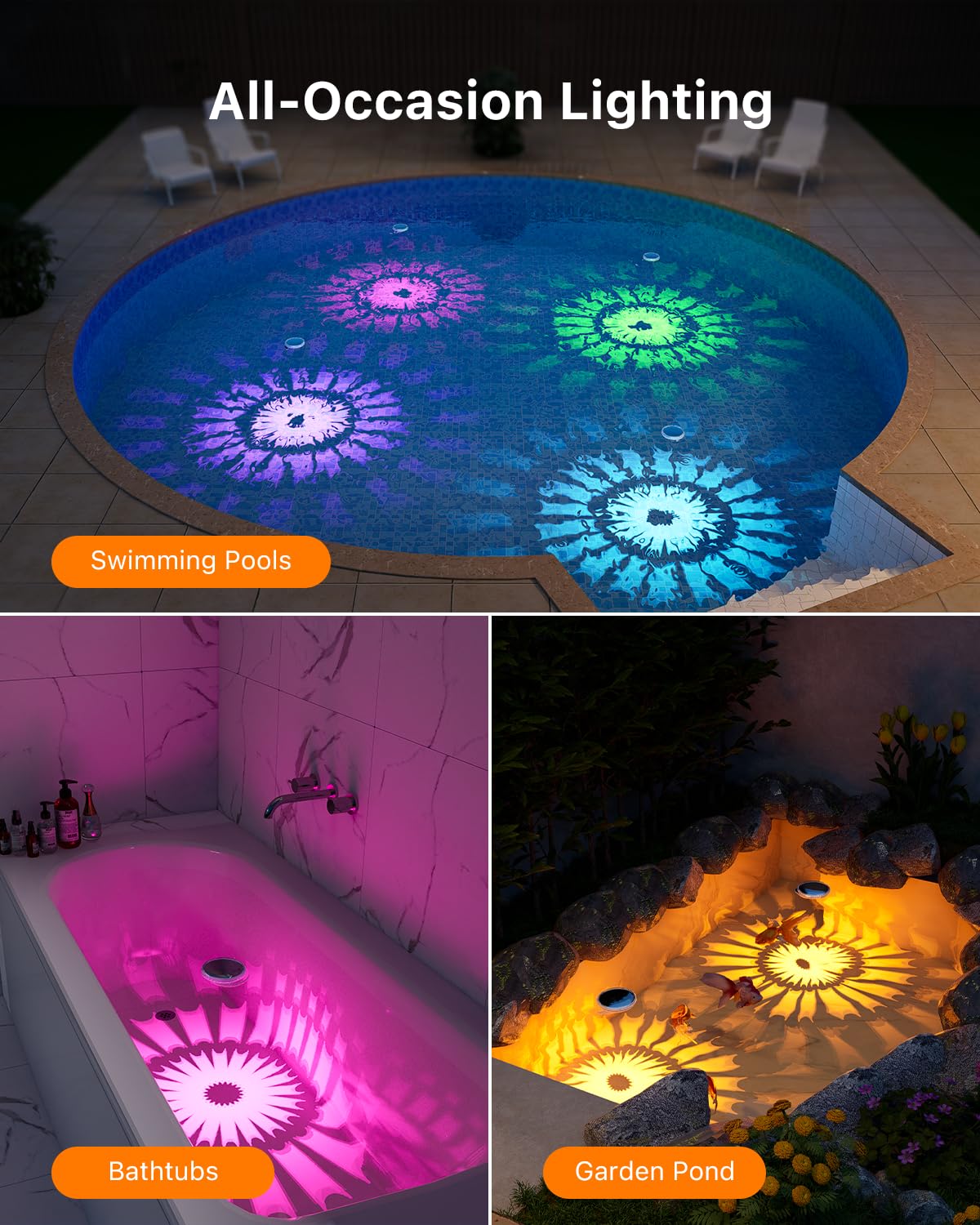 4 Pack Solar Floating RGB Pool Lights with Remote Waterproof for Underwater Vibrant Patterns Lighting, Auto-on Disco Glow in Pool for Party, Works in Outside In-ground Pools, Hot Tubs, Garden Ponds