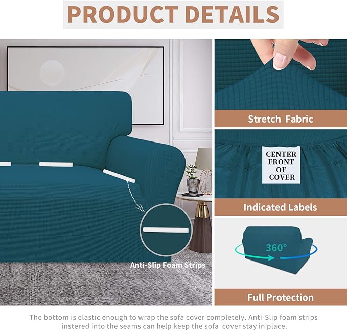 Easy-Going 100% Waterproof Loveseat Couch Cover, Dual Waterproof Sofa Cover, Stretch Jacquard Sofa Slipcover, Leakproof Furniture Protector for Kids, Pets, Dog and Cat (Loveseat, Peacock Blue)