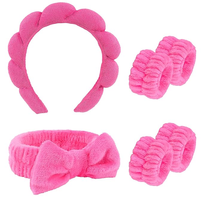CAVETEE 6 Pack Spa Headband Set - Makeup Headbands with Bows, Face Washing Wristbands for Women and Girls