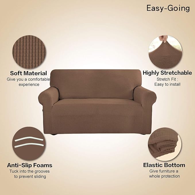 Easy-Going Stretch Sofa Slipcover 1-Piece Sofa Cover Furniture Protector Couch Soft with Elastic Bottom for Kids, Polyester Spandex Jacquard Fabric Small Checks (Sofa, Brown)