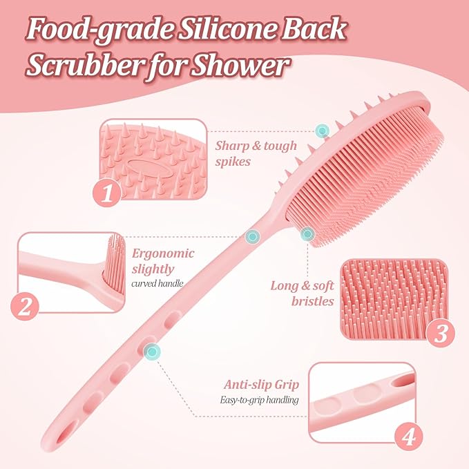 Silicone Back/Body/Face Scrubber & Soft Bath Glove Set 4PCS, Gentle Exfoliating Back & Body Scrubber with Dual-Side Brush Head, Hand-fit Bath Glove & Face Scrubber for Deep Cleaning(Pink-4PC)