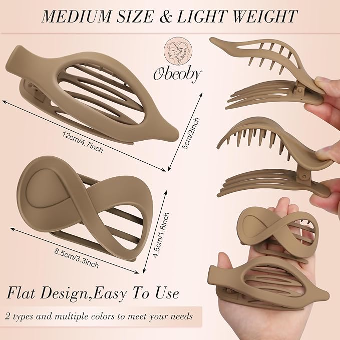 Obeoby 8 PCS Flat Claw Clips for Women, 2 Types French Flat Hair Clips for Medium Hair Volume Barrettes Medium Large (Neutral)
