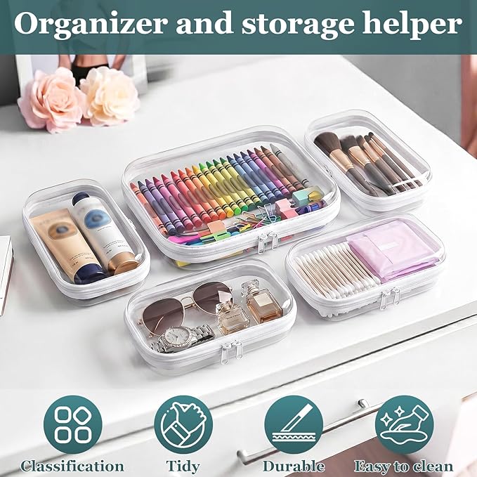 Clear Hard Shell Zipper Cases (5 Packs), Plastic Hard Sided Zippers Pouches Clear Hardshell Pencil Case For Storage, Diaper Bag Organizer Bliss Bins 4*Small/1*Medium