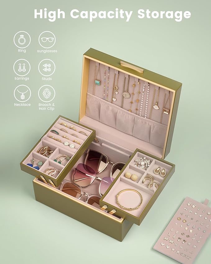 Lolalet Jewelry Box Organizer for Women Girls, 2 Layer Jewelry Organizers and Storage for Necklace Earrings Rings Bracelets, Large Jewellery Holder Case Birthday Valentine Gifts -Olive Green