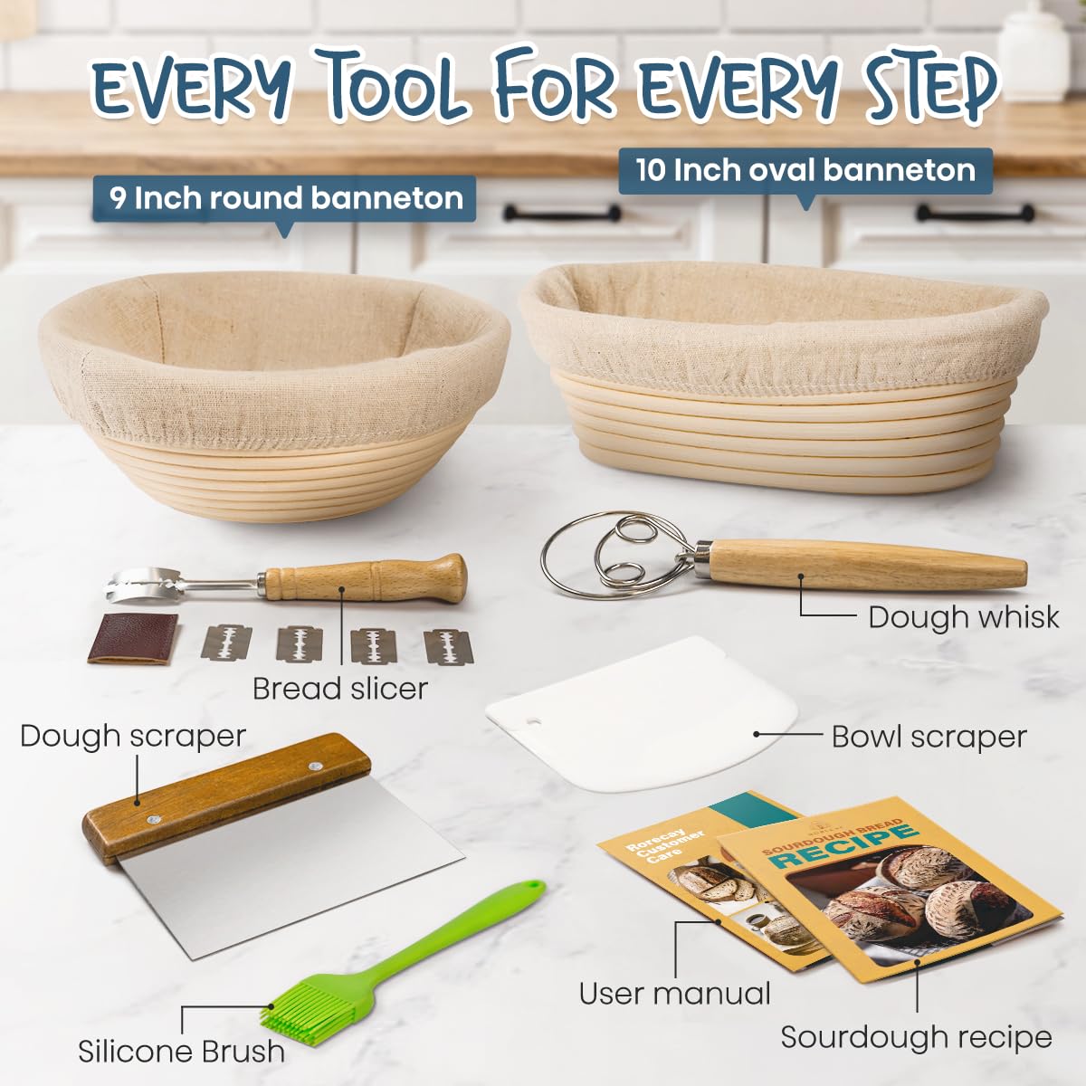 rorecay Banneton Bread Proofing Basket Sourdough Bread Baking Supplies, 9 Inch Round + 10 Inch Oval Proofing Bowls with Dough Whisk Bread Lame Dough Scraper Bread Making Tools and Accessories Set