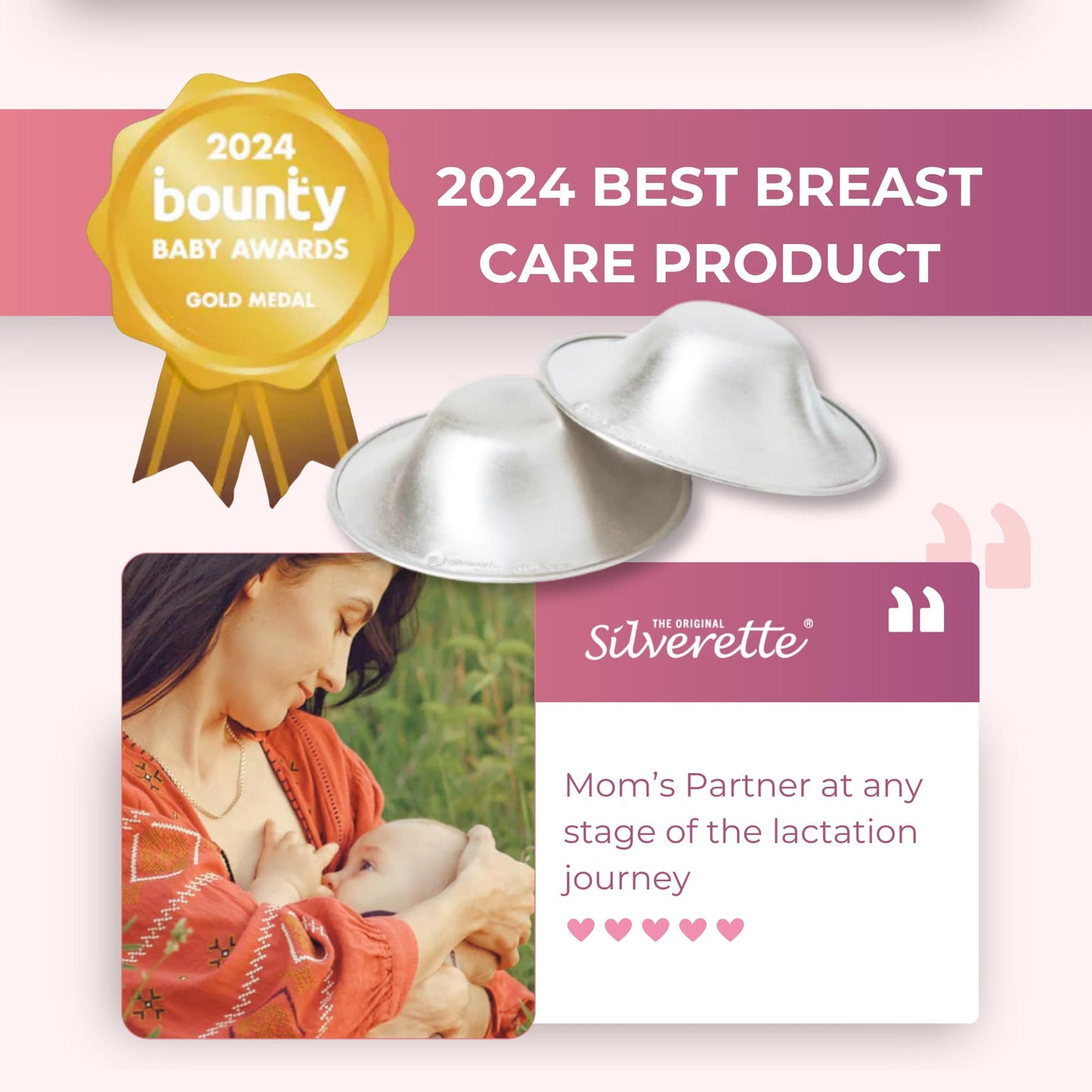 SILVERETTE The Original Silver Nursing Cups, Nipple Covers for Breastfeeding Essentials, Pure 925 Silver Nipple Shields for Breastfeeding Newborn, XL Size with O-Feel Silicone Rings
