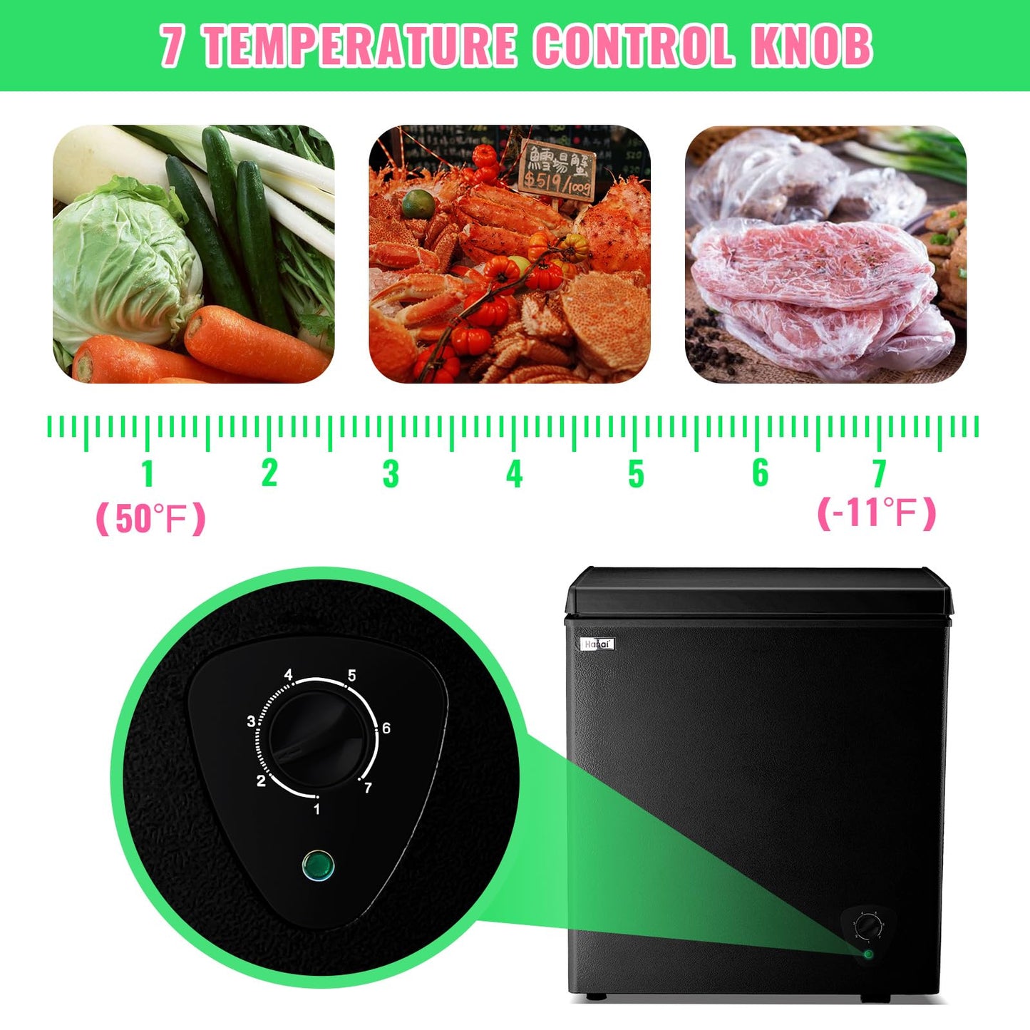 Deep Freezer WANAI 5.0 Cubic Chest Freezer with Top Open Door and Removable Storage Basket, 7 Gears Temperature Control, Energy Saving, Ideal for Office Dorm or Apartment