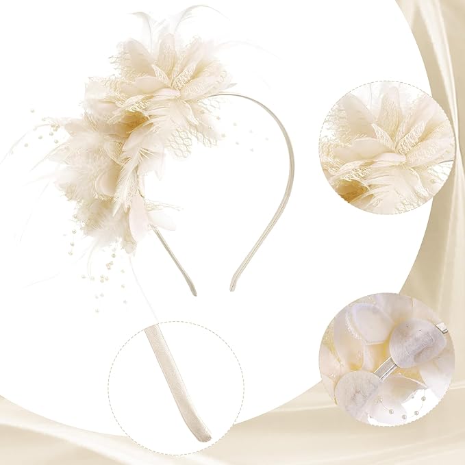 Womens Fascinators Hats Tea Party Hats for Women, Feather Pearl Veil Headband for Wedding Cocktail Dresses Accessories