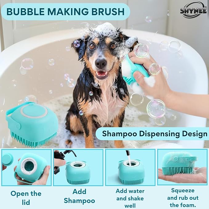 SHYNEE 8PCs Dog Grooming Kit - Dog Shampoo Brush | Washing Gloves | Adjustable Dog Bath Brush | Dog Paw Cleaner | 2X Toothbrush | Scrubber with Handle for Bath & Massage - A Complete Pet Grooming Kit