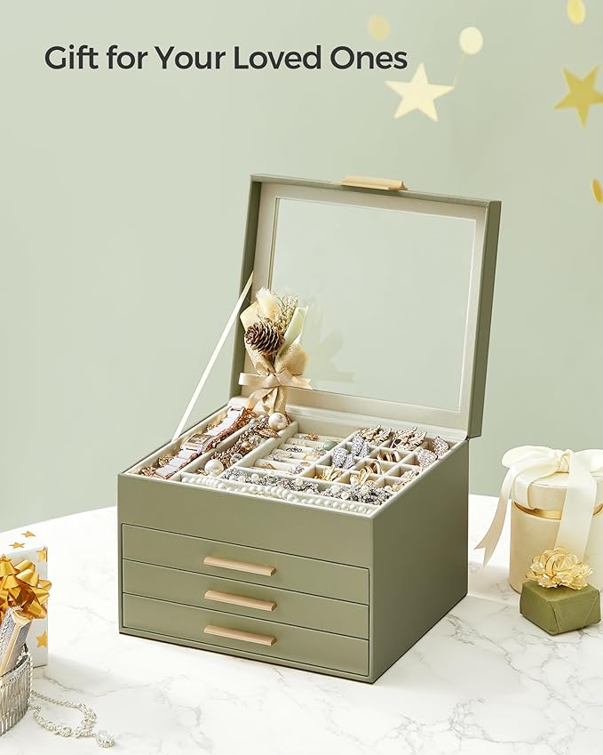 SONGMICS GISELLA Collection - Jewelry Box Organizer, 4-Layer Jewelry Storage with 3 Drawers, Shiny Metal Hardware, Glass Lid, Modern, 8 x 9.1 x 6.5 Inches, Avocado Green and Gold Color UJBC173C02