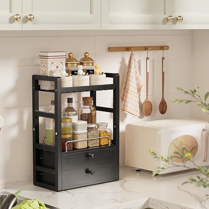 AmazerBath Bamboo Bathroom Countertop Organizer, 2-Tier Makeup Organizer with 2 Drawers, Vanity Organizer Storage Coffee Matcha Station, Compact Shelf for Bathroom Kitchen Office, Black